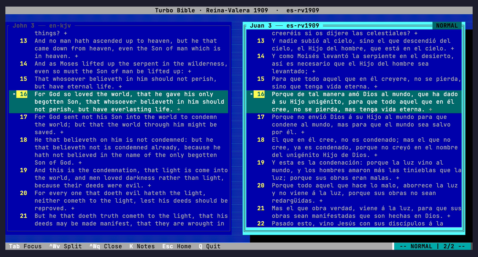 Turbo Bible comparing John 3 across two translations side by side: the King James Version in the left pane and the Spanish Reina-Valera 1909 in the focused right pane, each scrolling and searching independently.