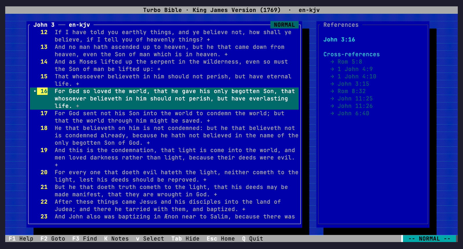 Turbo Bible reading view: John 3 in the King James Version with the cursor on verse 16 and the cross-reference sidebar open.